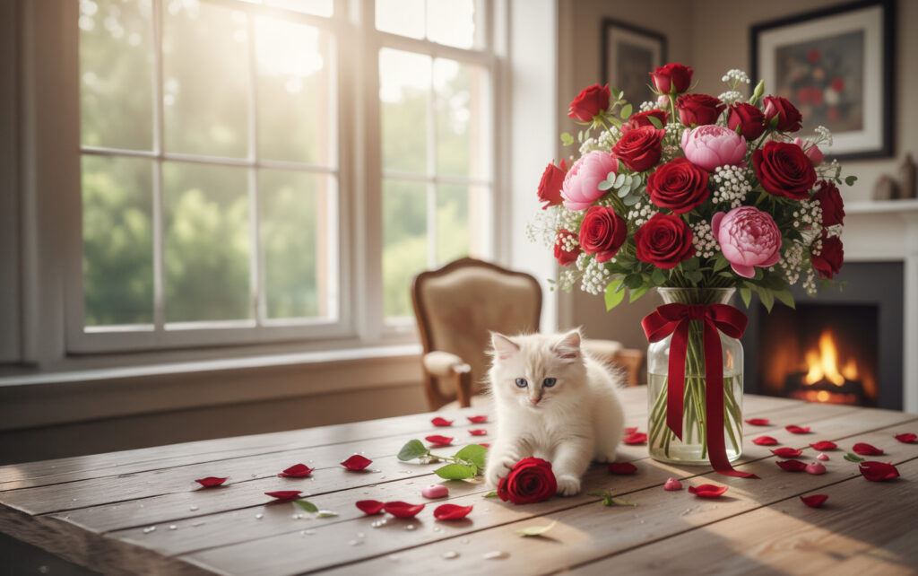 Bouquet de fleurs Saint-Valentin et chat