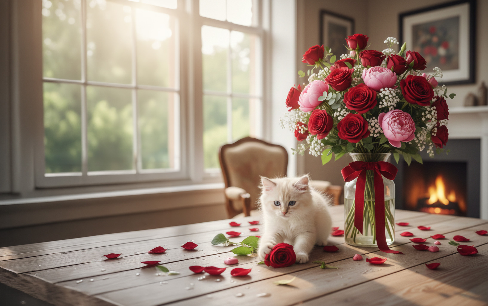 Bouquet de fleurs Saint-Valentin et chat
